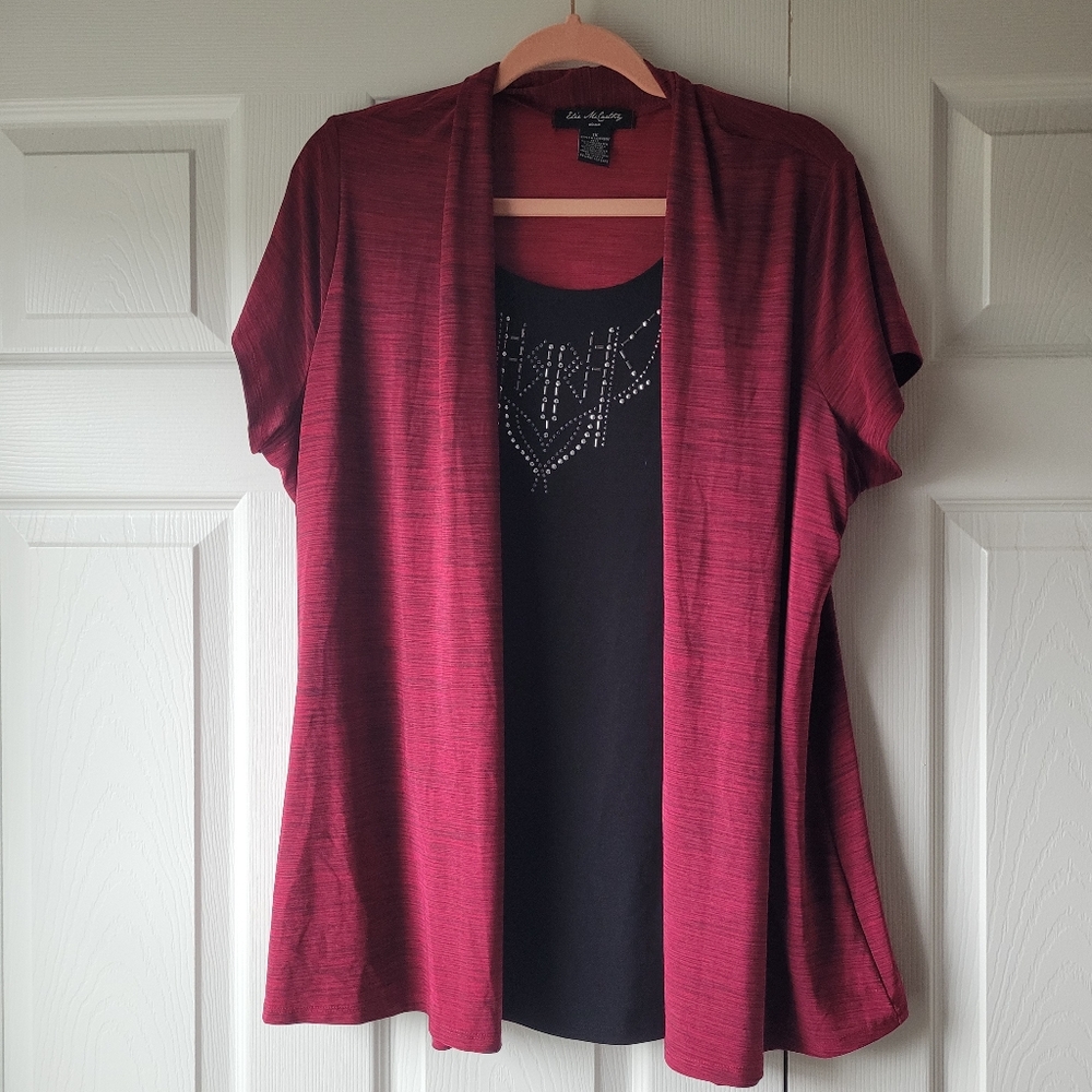 Elie McCarthy dress shirt Black Maroon Sparkle 1X plus size short sleeve